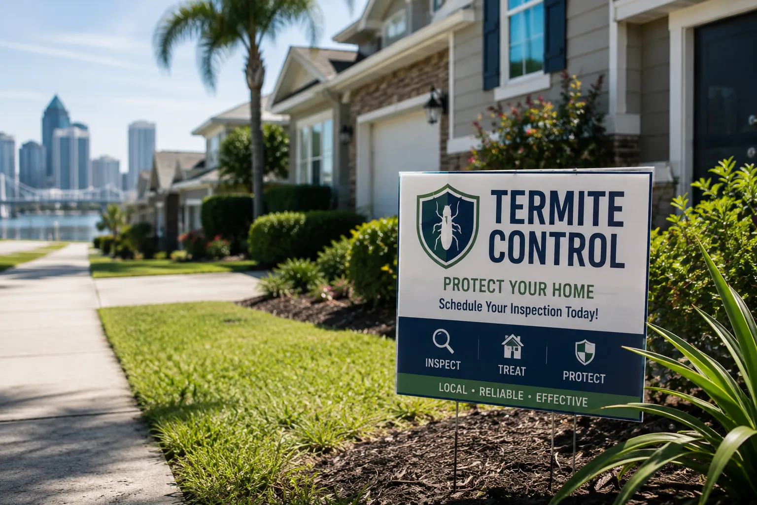 Illustration of a termite control sign outside a Florida home with palms